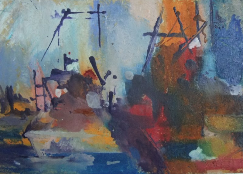 On the slip in the boat yard - 
Differrent syle of painting.  As self taught artist I continue to enjoy exploring new ways of expressing my thoughts ans feelings.